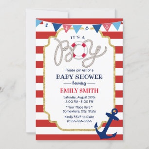 Convites Faixa Vermelha do Marinho do Chá Náutico Baby Boy