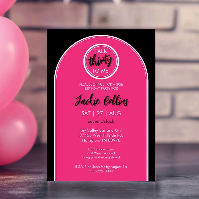 Convites Fale 30 comigo, aniversário de 30 anos (Talk 30 To Me Hot Pink and Black 30th Birthday Party Invitation)