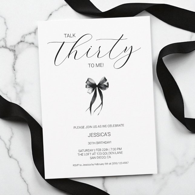 Convites Fale 30 comigo no aniversário de preto e branco (Talk Thirty To Me Script Black and White Birthday Invitation)