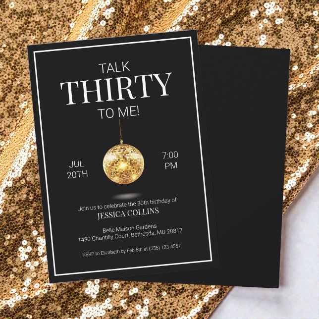Convites Fale 30 para mim, preto e Dourado aniversário de 3 (Talk Thirty to Me Black and Gold 30th Birthday Invitation)