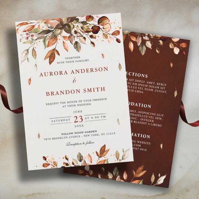 Convites Fall Autumn Deixa O País Russo Boho Casado Em (Fall wedding invitation with details on back)