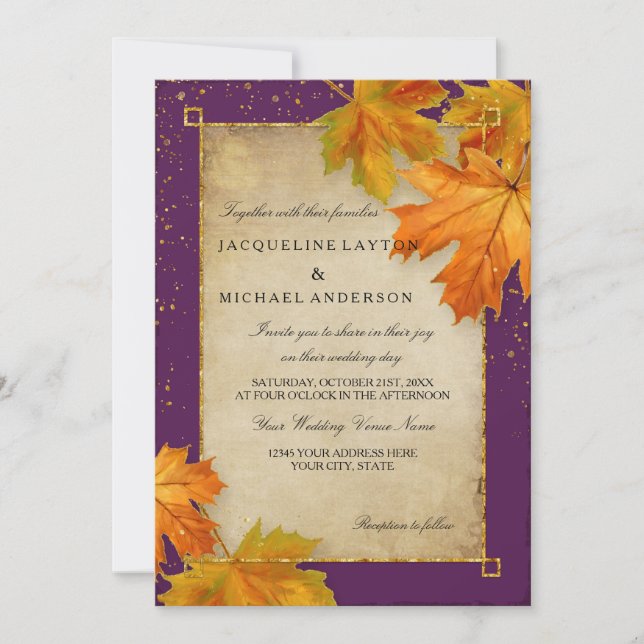 Convites Fall Autumn Falling Leaf Deixa Casamento Elegante (Frente)