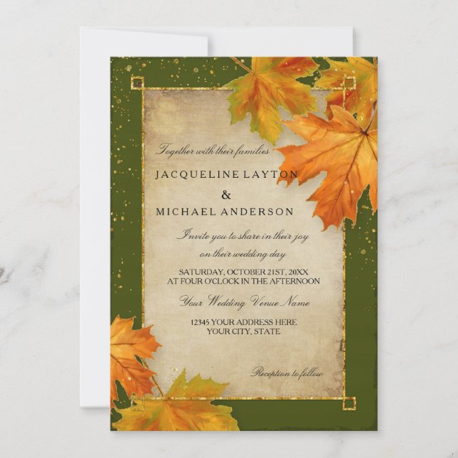 Convites Fall Autumn Falling Leaf Deixa Casamento Elegante (Frente)