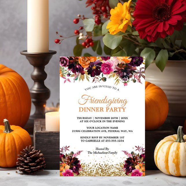 Convites Fall Autumn Floral Dourada Glitter Friendly (Fall Autumn Floral Gold Glitter Friendsgiving Invitation
)