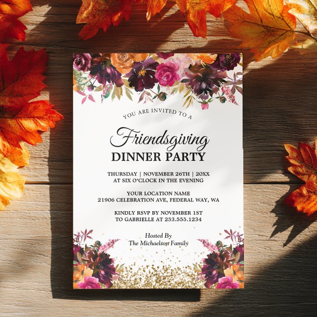 Convites Fall Autumn Floral Dourada Glitter Friendly (Fall Autumn Floral Gold Glitter Friendsgiving Invitation)