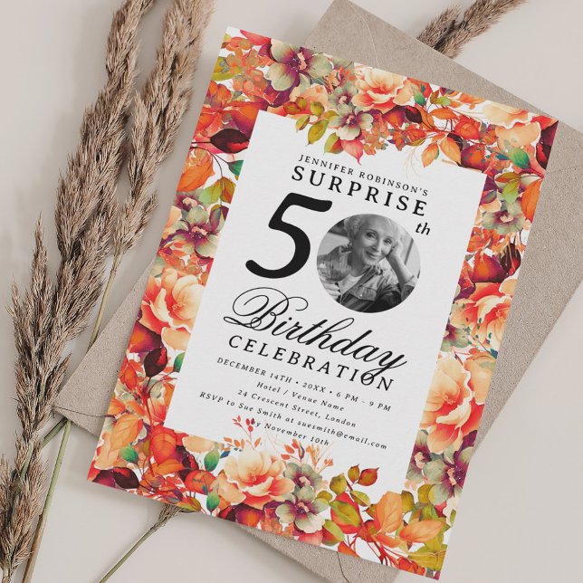Convites Fall Autumn Floral Photo SURPRISE 50th Birthday  (Fall Autumn Floral Photo SURPRISE 50th Birthday Invitation)
