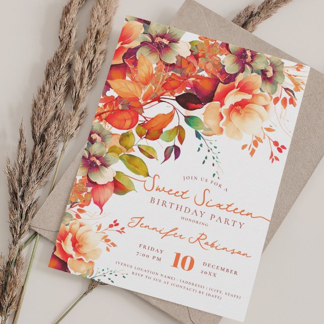 Convites Fall Autumn Floral Sweet 16 Festa de Aniversário (Fall Autumn Garden Floral Sweet 16 Birthday Party Invitation)