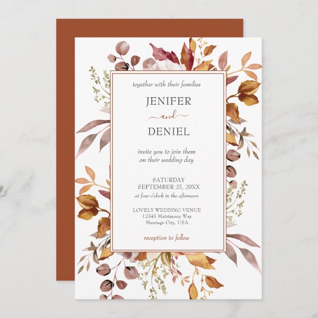 Convites Fall Autumn Leaves Rustic Country Boho Wedding (Frente/Verso)