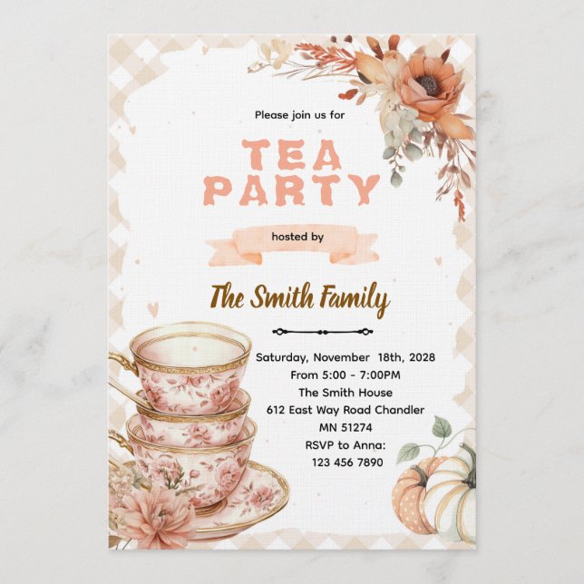Convites Fall autumn thanksgiving tea party invitation  (Frente)