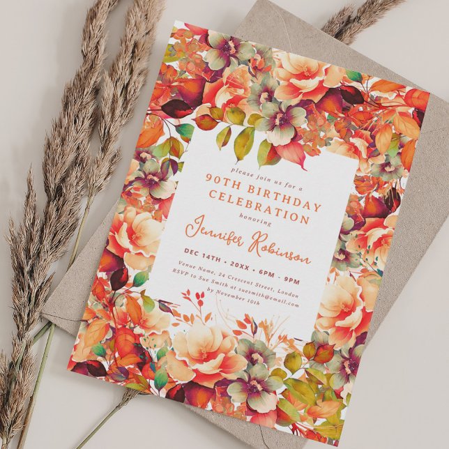 Convites Fall Autumn Watercolor Floral 90 Aniversário (Fall Autumn Watercolor Floral 90th Birthday Invitation)