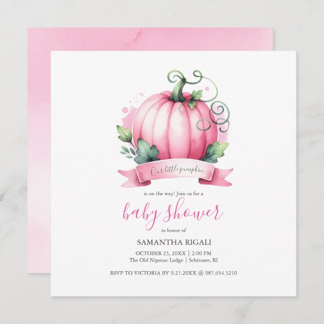 Convites Fall Baby Shower Inventa Pequena Menina De Abóbora (Frente/Verso)