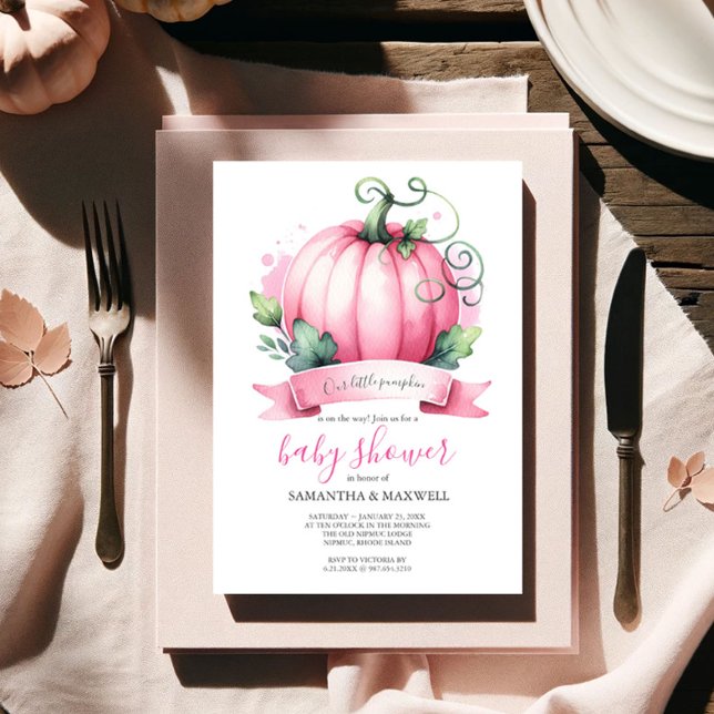 Convites Fall Baby Shower Inventa Pequena Menina De Abóbora (Fall baby shower invitations watercolor pink pumpkin theme for a girl event Victoria Grigaliunas)