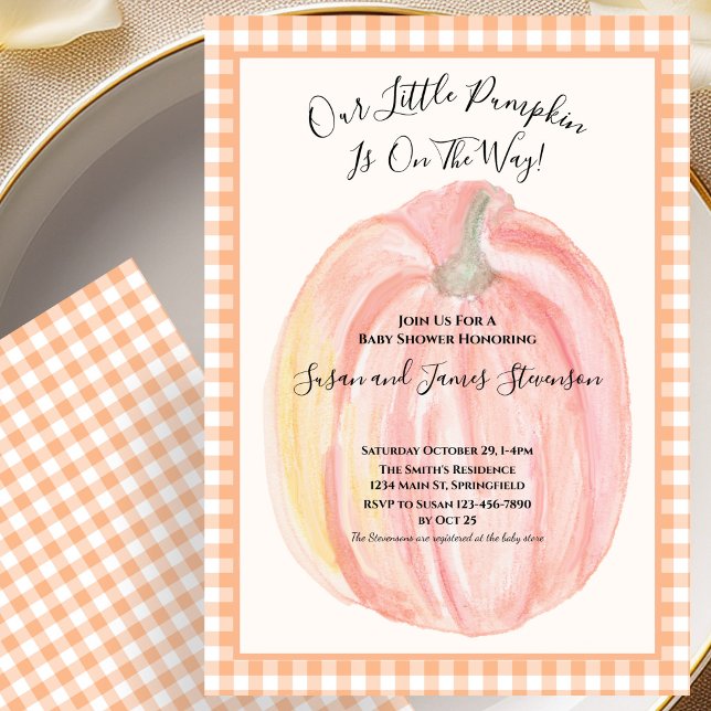 Convites Fall Baby Shower Invitation Little Pumpkin Gingham (Criador carregado)