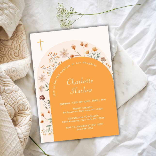 Convites Fall Boho Floral Arch de Flor Selvagem Cruzada Bap (Fall Boho Floral Wildflower Arch Cross Baptism Invitation)