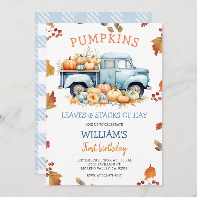 Convites Fall Boy Pumpkin Dusty Frente Azul, aniversário do (Frente/Verso)