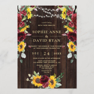 Convites Fall Burgundy Floral Sunflower Wood Barn Casamento