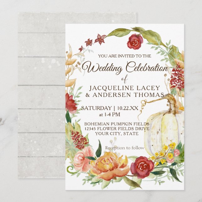 Convites Fall Burgundy Floral White Pumpkin Wreath Casament (Frente/Verso)