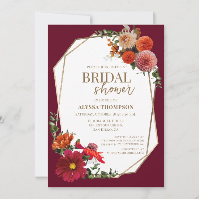 Convites Fall Burgundy Red Dourado Autumn Floral (Frente)