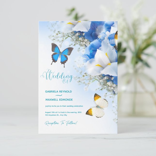 Convites Fall Butterfly Nature Blue Hydrangea Casamento (Em pé/Frente)