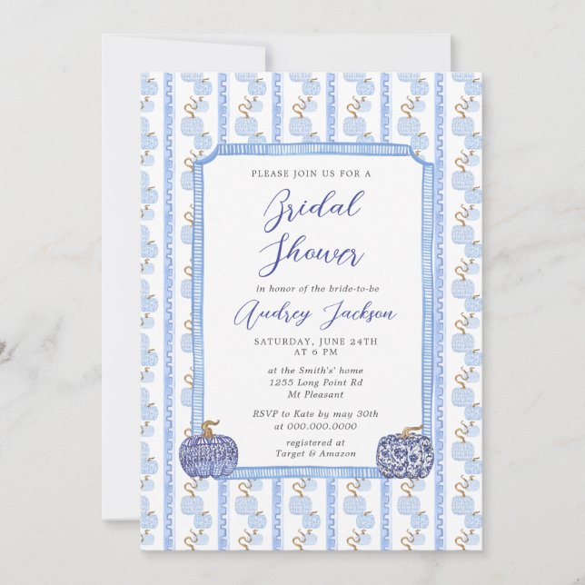 Convites Fall Chinoiserie Blue Pumpkin Bridal Shower  (Frente)