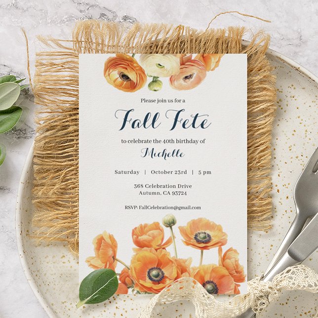 Convites Fall Fete Autumn Festa de aniversário Orange Bloss (Criador carregado)