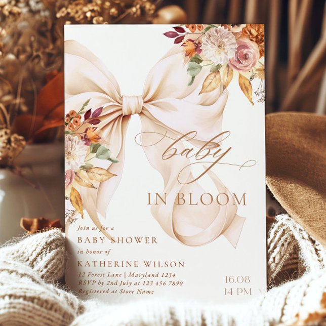 Convites Fall Floral Bow Baby Shower Invitation (Criador carregado)