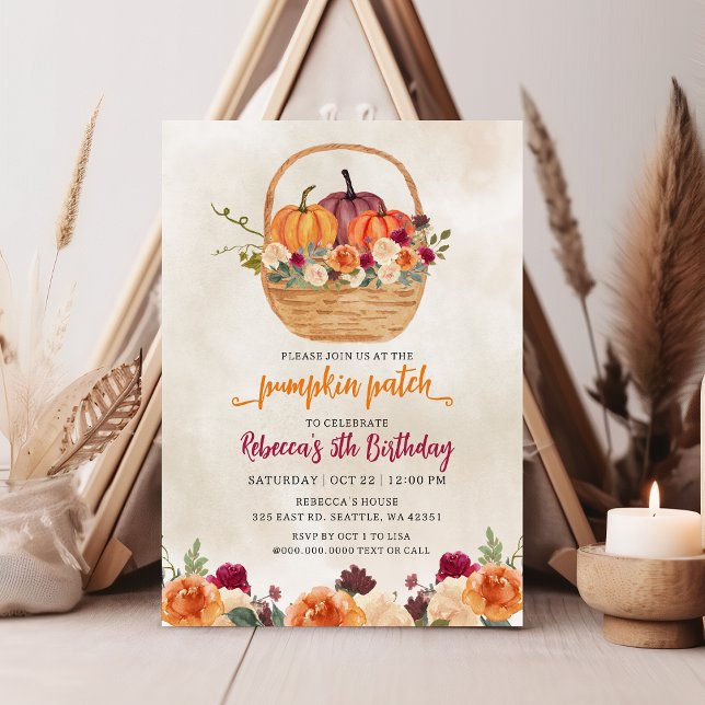 Convites Fall Floral Burgundy Laranja Pumpkin Patch Anivers (Fall Floral Burgundy Orange Pumpkin Patch Birthday Invitation)