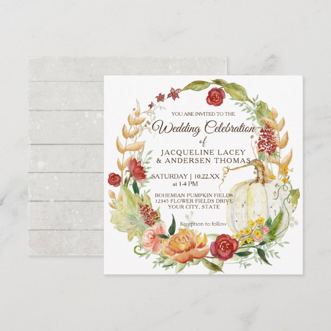 Convites Fall Floral Burgundy White Pumpkin Wreath Casament (Frente/Verso)