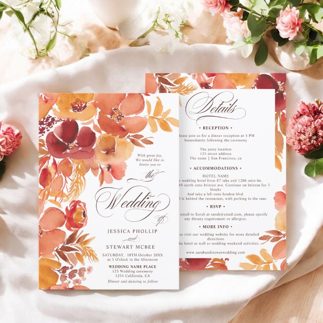Convites Fall Floral elegante boho tudo em um casamento de  (Fall Floral elegant boho all in one script wedding Invitation)