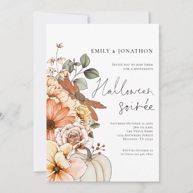 Convites Fall Floral Pumpkin Script do Dia das Bruxas (Frente)