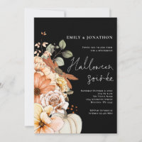 Fall Floral Pumpkin Script Halloween Party Black