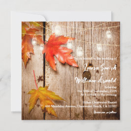 Convites Fall Folhas Brilhando Casamento de Madeira Rústica
