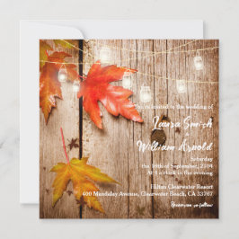 Convites Fall Folhas Brilhando Casamento de Madeira Rústica