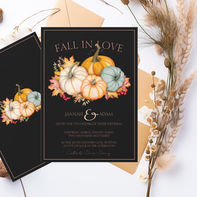 Convites Fall in Love Black Autumn Fall Pumpkins Casamento (Criador carregado)