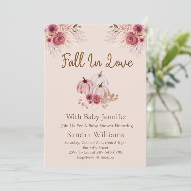 Convites Fall In Love Boho Pink Pumpkin Autumn Baby Shower (Em pé/Frente)