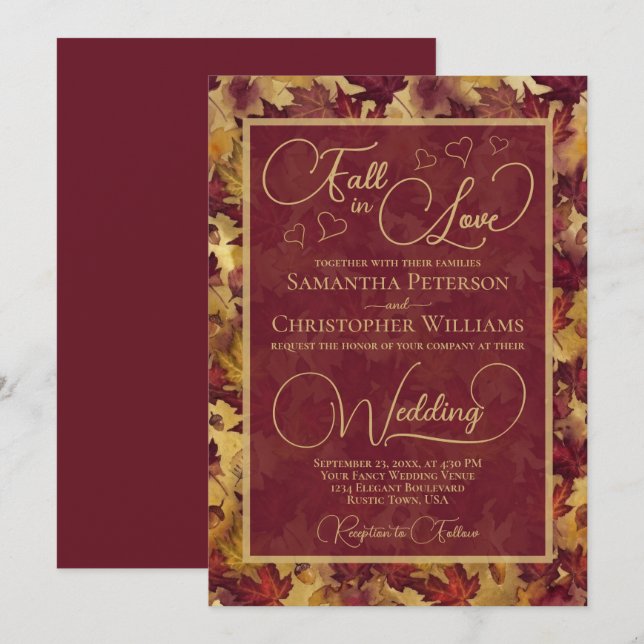 Convites Fall in Love Burgundy & Gold Autumn Leaves Wedding (Frente/Verso)