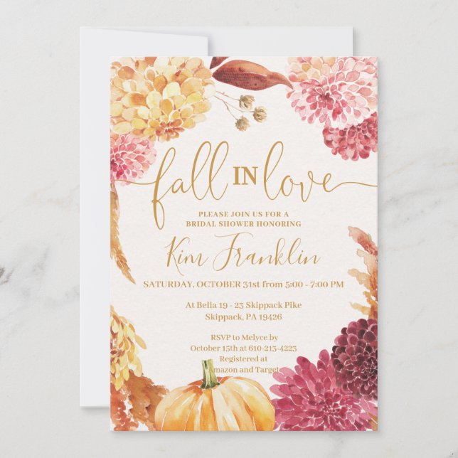 Convites Fall in Love Floral and Gold Bridal Shower Invitat (Frente)