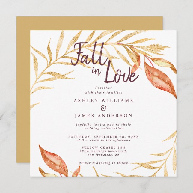 Convites Fall in Love Foliage Autumn Yellow Weding (Frente/Verso)
