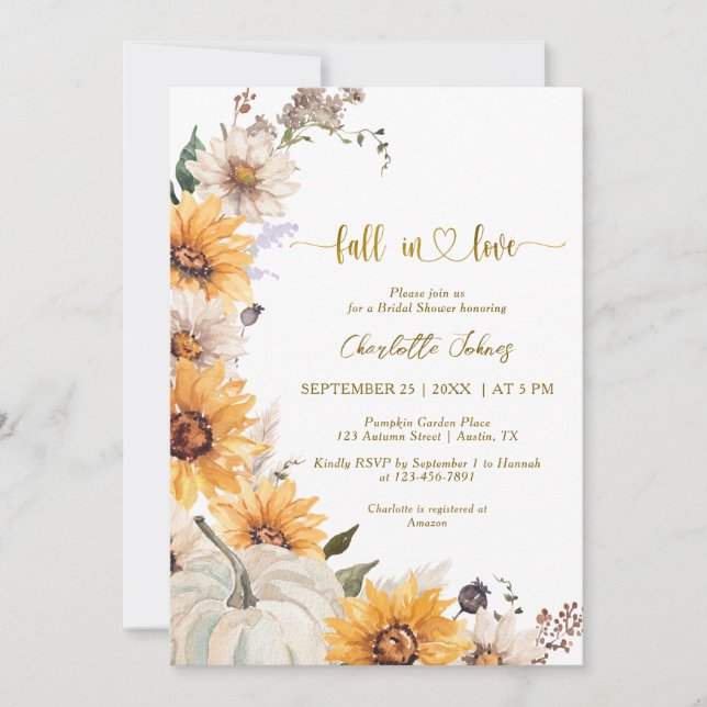 Convites Fall In Love Gold Sunflowers Daisies Bridal Shower (Frente)