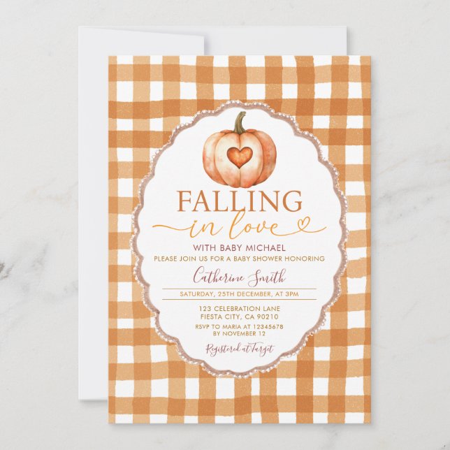 Convites Fall in love Heart Pumpkin Baby shower Gingham (Frente)
