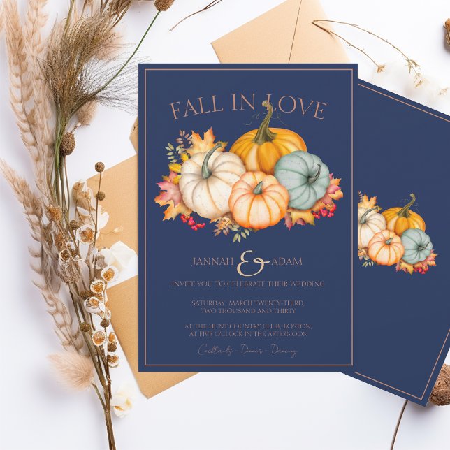 Convites Fall in Love Marinho Blue Autumn Pumpkins Casament (Criador carregado)