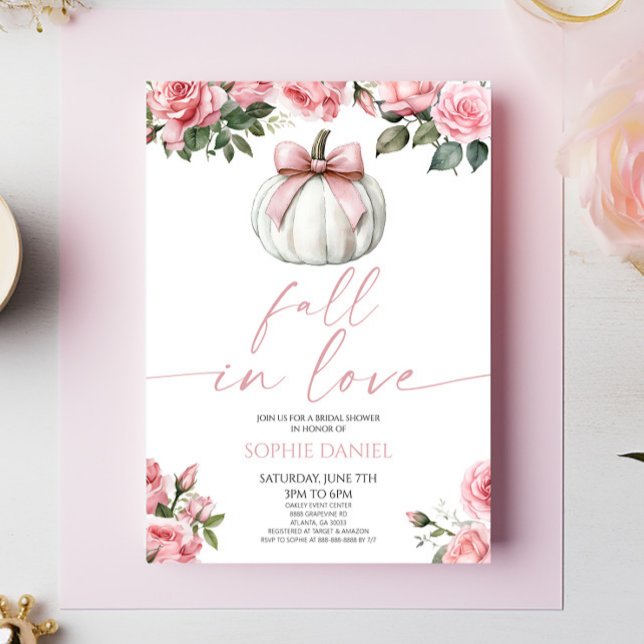Convites Fall In Love Pink Bow Pumpkin Floral Bridal Shower (Criador carregado)