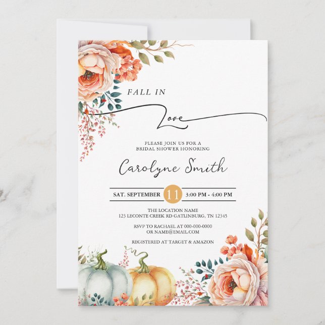 Convites Fall in Love Pumpkin Bridal Shower Invitation (Frente)