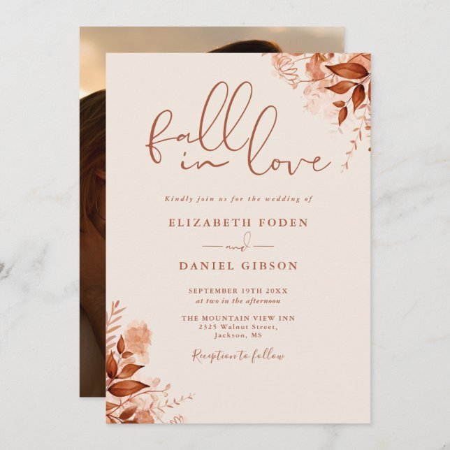 Convites Fall in Love Rustic Floral Photo Weding (Frente/Verso)