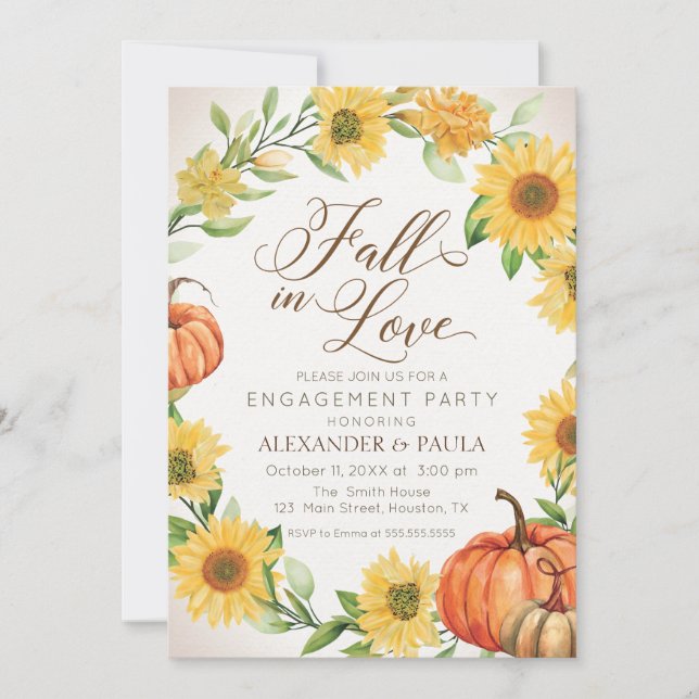 Convites Fall in Love Sunflowers & Pumpkins fall engagement (Frente)