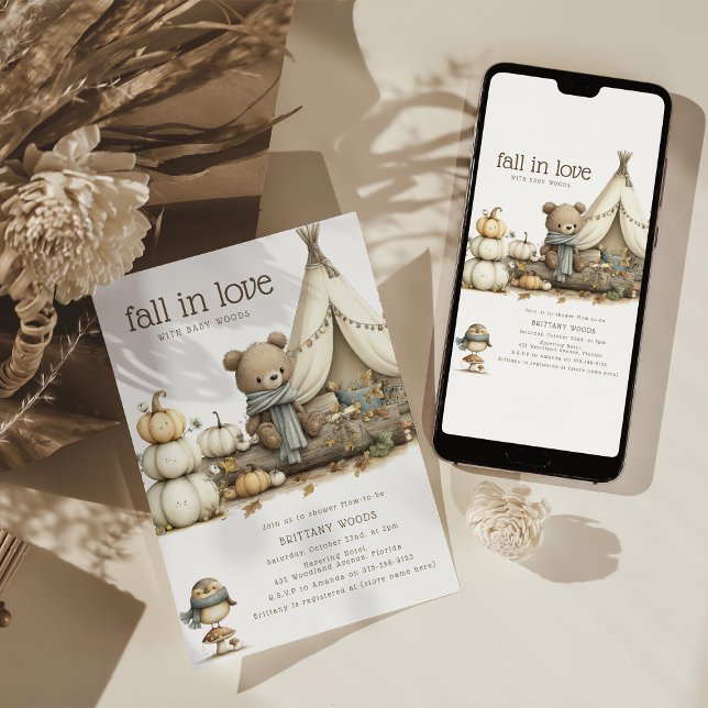 Convites Fall In Love Woodland Bear Baby Shower (Criador carregado)