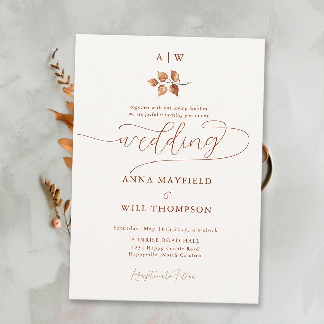 Convites Fall Leaf Monogramas Crest Casamento Elegante Mode (Simple Fall Leaf Wedding Invitation Elegant Modern Calligraphy Couple Monograms Crest Feminine Soft)