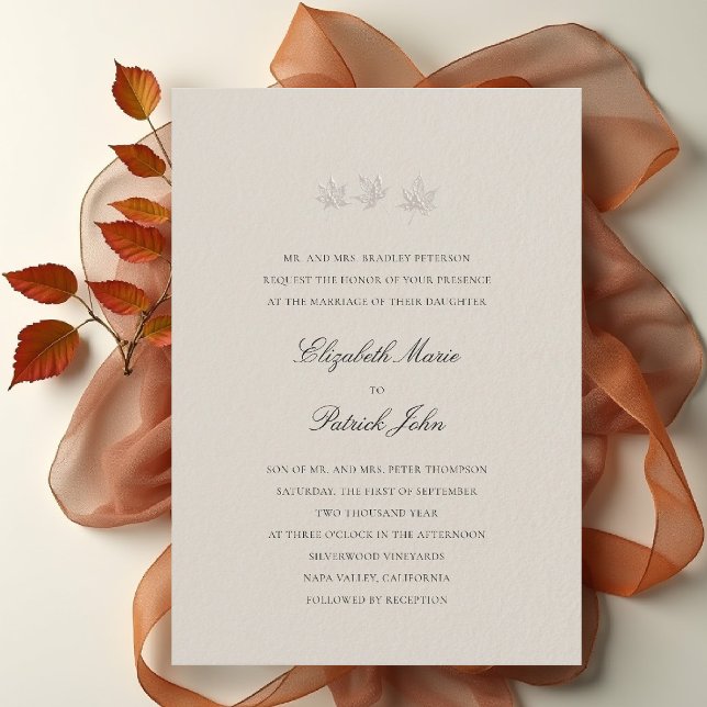 Convites Fall Leaves Formal Modern Classic Wheat Wedding (fall leaves wedding invitation formal modern classic black tie autumn botanical elegant wheat beige)