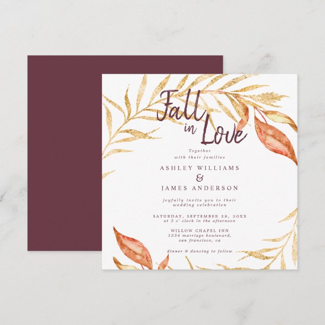 Convites Fall Love Foliage Autumn Burgundy Casamento (Frente/Verso)