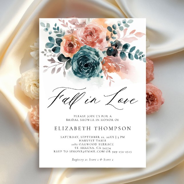 Convites Fall Love Teal Burnt Orange Floral Chá de panela (fall in love bridal shower invitation burnt orange teal watercolor roses elegant classy backyard)